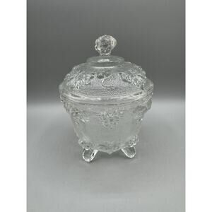 Jeanette Glass Dish Footed Covered Candy Trinket Vanity Stash Clear Vintage